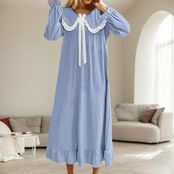TYGHBN Long Satin Nightgowns with Long Sleeves for Women with Bow Lace Trim Wrist Neck Vintage Style for Knee Rest Home Sleepwea Exhilarated and Exhausted plus Size Dress Silk Night Shirt Nightgown