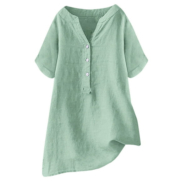 TYGHBN Loose Fit Solid Color Linen Casual Short Sleeve Button Top for Women Tunics for Women Summer Womens Long Sleeve Compression Shirt Loose Fit Womens Oversized Tee Shirts Shirts Men Womens Long