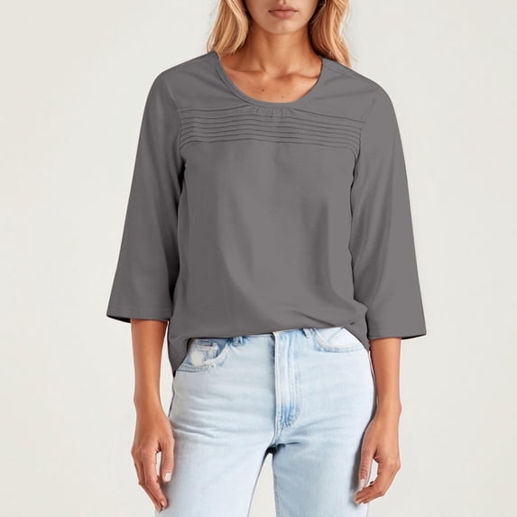 TYGHBN Round Neck 3/4 Sleeve Pleated Front Line T Shirt Turtle Neck Ladies Athletic Wear for Woman Womens Layering Shirts Long Sleeve Women Summer Shirts Long Sleeve Layering Shirts for Women Ladies