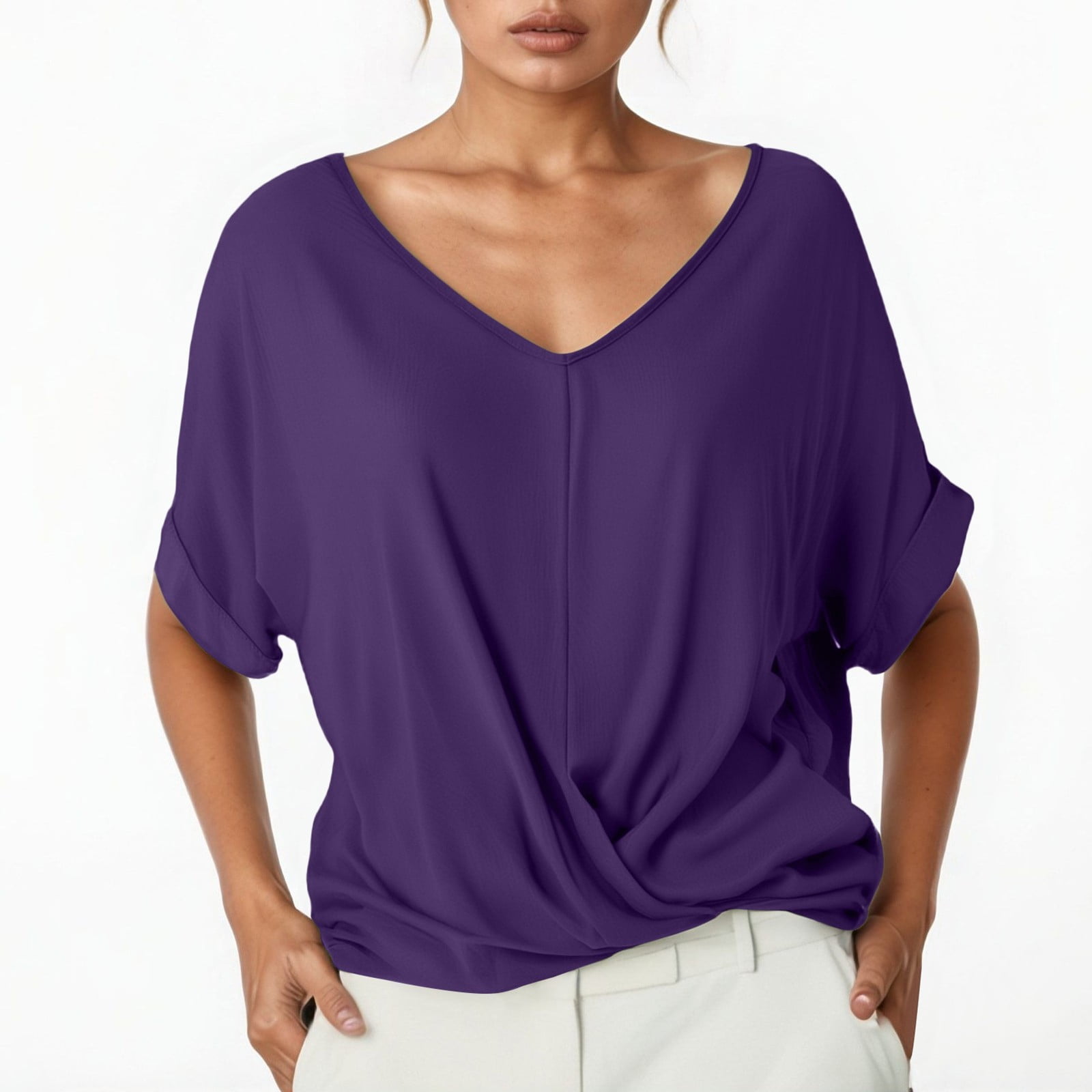FRIFUL Women's Solid Color High Neck Short Sleeve T-Shirt