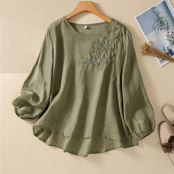 TYGHBN Spring/ Women's Embroidered Round Neck Long Sleeve T Shirt Vintage Bohemian Loose Fit Floral Applique Top plus Long Sleeve Womens Short Sleeve Athletic Tops Exercise Wear for Women Summer
