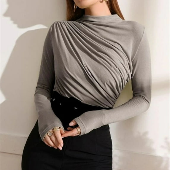 TYGHBN Stand Collar Ruched Long Sleeve Tee Running Shirts Long Sleeve Shirt Women plus Womens Summer Tops Womens Compression Shirt Woman Tee Shirt Turtleneck Tee for Women Solid T Shirt Women Women