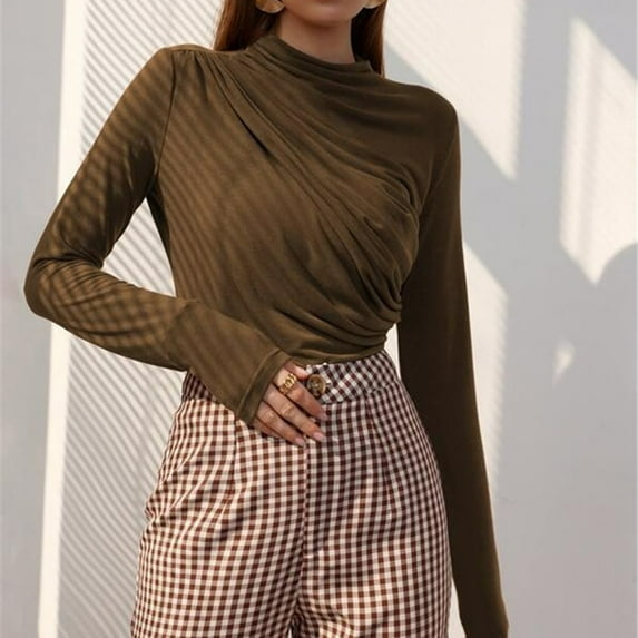 TYGHBN Stand Collar Ruched Long Sleeve Tee Women Workout Shirts Womens Running Clothes Loose Fit Shirt of Women for Women Women Solid Tee T Shirt Women Loose Athletic Top Womens Shirts Large T Shirts