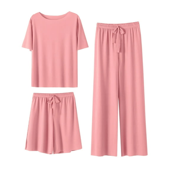 TYGHBN Summer New Ice Silk Pajamas Set Women's Short Sleeved Shorts Wide Leg Pants Solid Color Home Three Piece Set Can Be Worn Loosely Silk Pajama Shorts Silk Sleep Set Pajamas Women Soft Petite