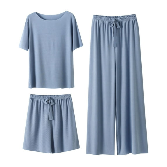 TYGHBN Summer New Ice Silk Pajamas Set Women's Short Sleeved Shorts Wide Leg Pants Solid Color Home Three Piece Set Can Be Worn Loosely Silk Pajama Shorts Silk Sleep Set Pajamas Women Soft Petite