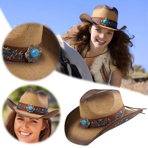 TYGHBN Summer Straw Cowboy Hat for Men Women Vintage Rolled Brim Sun Wide Brimmed Beach Outdoor Casual Western Style Hat Cowboy Hat for Men Hat Mens Cowboy Hat Men Cowboy Hat Boy Dress up Hats for