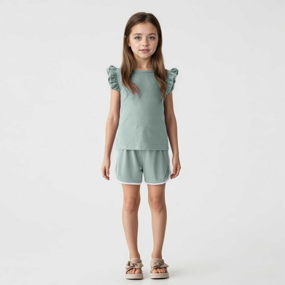 TYGHBN Summer Toddler Girls Ruffles Fly Sleeve T Shirt Ribbed Tops Shorts Outfits Cutest Outfits for Teens Clothes for Little Girls Little Girl Clothes Size 6 Sweatpants for Teen Clothes Set 3 Piece