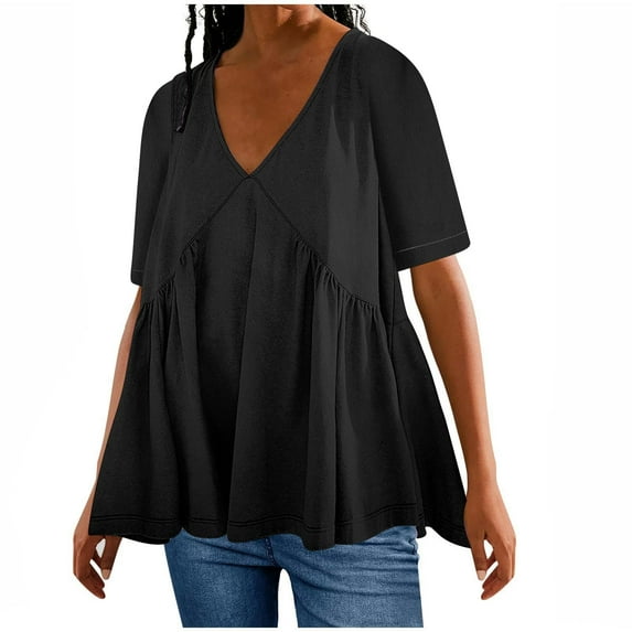 TYGHBN Summer Women Short Sleeve Deep V Neck Pleated Casual T Shirt Top Dress Loose Mini Dress Tops for Leggings Short Sleeve Tan Raglan Shirt Women Exercise Shirt Women Loose Tech Apparel Womens