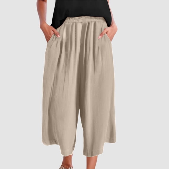 TYGHBN Summer Women's Casual Linen Wide Leg Pants Solid Color Elastic Waist Point Trousers Women's Casual Pants for Work Cropped Pants for Women Casual Summer Women Pants Casual Petite on Comfortable