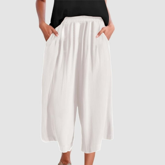 TYGHBN Summer Women's Casual Linen Wide Leg Pants Solid Color Elastic Waist Point Trousers plus Dress Pants for Women Business Casual plus Size Casual Pants Set for Women Womens Winter Pants Summer