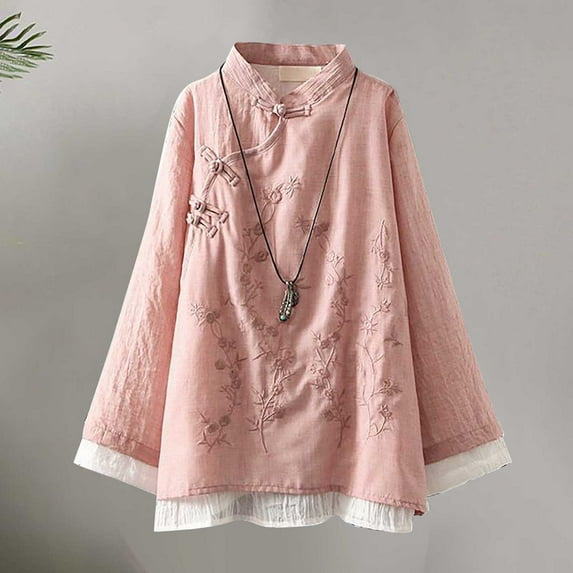 TYGHBN Vintage Embroidered Button Down Linen Shirt for Women Chinese Zen Tea Apparel Loose Fit Contrast Round Neck Top Handstand Shirt Long Sleeve Sports T Shirt for Women Woman Long Sleeved Shirts T