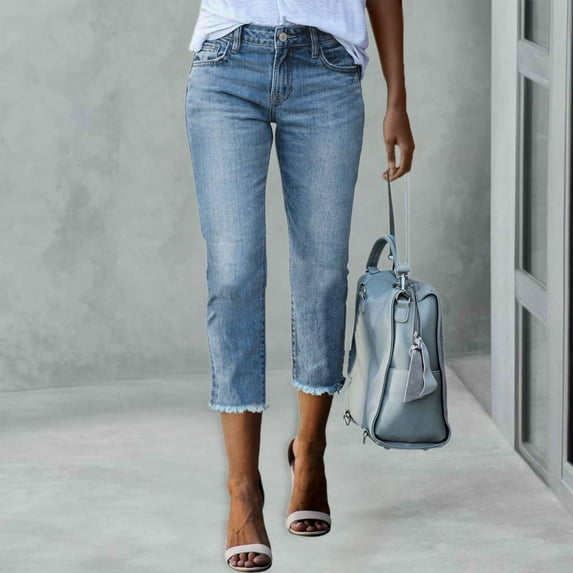 TYGHBN Women Fashion Capri Jeans Stretchy Distressed Hem Washed Straight Leg Denim Pants Womens Pants Casual plus Size Pants for Women plus Size Work Casual with Pockets Womens Flax Pants Business