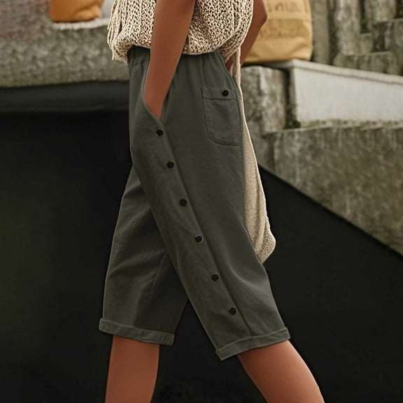 TYGHBN Women Fashion Solid High Waist Pocket Button Casual Capri Pants Womens Pants Patterns Womens Casual Pants plus Size Tan Dress Pants for Women Business Casual Pants for Women High Waist Women