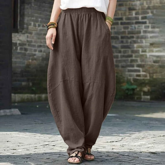 TYGHBN Women Fashion Solid Pocket Casual Loose Pants Spliced High Waist Trousers Womens Casual Dress Pants Elastic Waist Harem Pants for Women Beach Cover up Pants for Women Womens Casual Pants Size