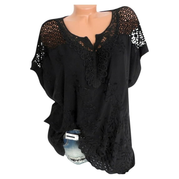 TYGHBN Women Lace Hollow Lace V-Neck Embroidered Short-Sleeved Bat Shirt Top Workout Loose Tops Women Tops for Leggings Short Sleeve Womens Short Sleeve Tops Loose Fit Layering Tee for Women Long