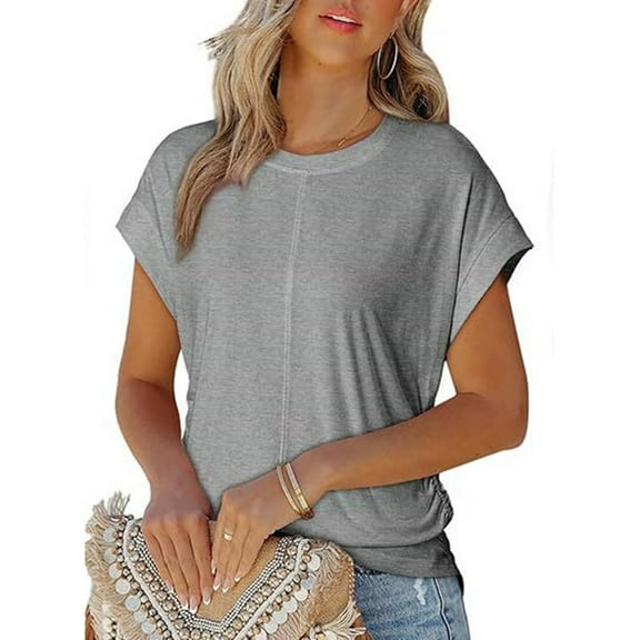 TYGHBN Women Spring Summer Fashion Solid Color Tops 2025 Round Neck Cap Sleeve Side Pleats Summer Women Tops Spandex Tee Shirts Men Womens Long Sleeve Compression Shirt Athletic Wear for Woman Hike