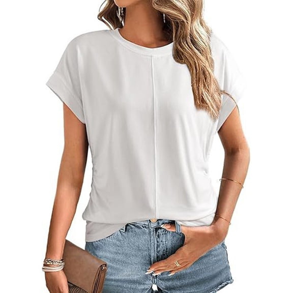 TYGHBN Women Spring Summer Fashion Solid Color Tops 2025 Round Neck Cap Sleeve Side Pleats Summer Women Tops Plain Loose T Shirts for Women New Day Womens Shirt Womens Short Sleeve T Shirts Ling