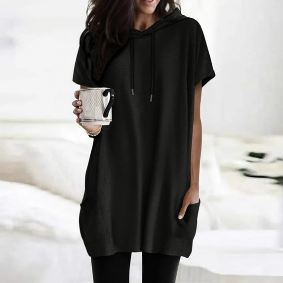 TYGHBN Women Summer Casual Fashion Short Sleeve Soild Color Hooded Long Double Pocket TShirt Top Set Shirt Blank Athletic Shirts Tech Pack Shirts for Women Tall Short Sleeve Tee Tops Womens Tee Tops