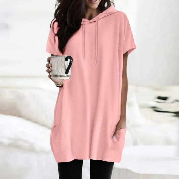 TYGHBN Women Summer Casual Fashion Short Sleeve Soild Color Hooded Long Double Pocket TShirt Top Set Shirt Blank Athletic Shirts Tech Pack Shirts for Women Tall Short Sleeve Tee Tops Womens Tee Tops