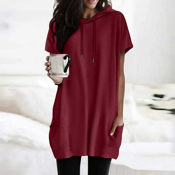 TYGHBN Women Summer Casual Fashion Short Sleeve Soild Color Hooded Long Double Pocket TShirt Top Women Thin Long Sleeve Shirt Casual Raglan Tee Women Running Shirt Long Sleeve Tall Women's Shirts