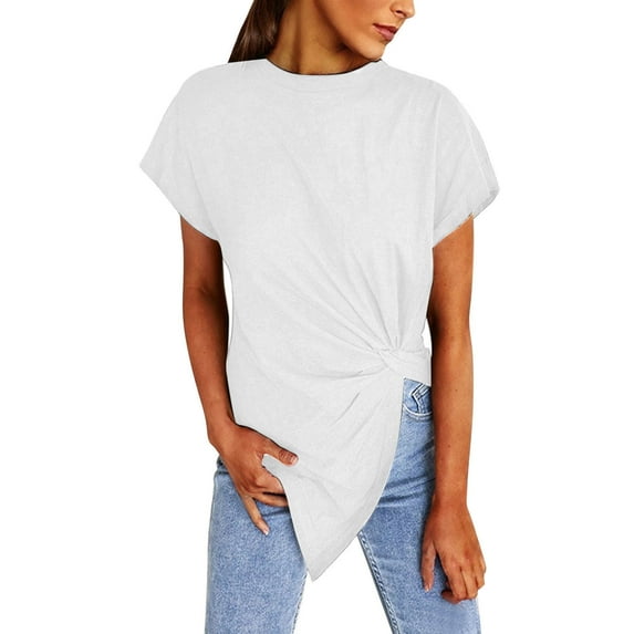 TYGHBN Women Summer Solid Color Top Knotted Asymmetrical Round Neck Knotted Short Sleeve T Shirt Short Sleeve T Shirt Ladies Long Sleeve T Shirts Long Sleeve T Shirt Tee Shirks for Women Burnout Tee