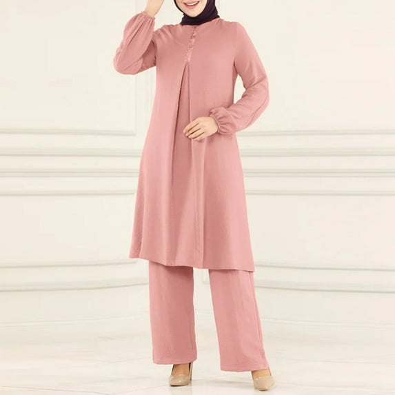 TYGHBN Women's 2 Sets Long Sleeve Button Down Shirt and Pants Abaya Casual Dress Dubai Outfits Chiffon Hijabs Long Head Scarf for Women Party Wear Dresses Head Wrap for Women with Silk Interior Hijab
