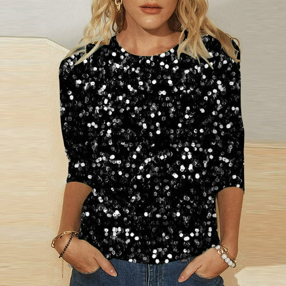 TYGHBN Women's Casual Crew Neck Carnival Sequin Printed 3/4 Length Sleeve T Shirt Top Work Shirt Women Loose Casual T Shirt Womens Solid Color T Shirts Athletic Top Tennis Shirts Women Long Sleeve