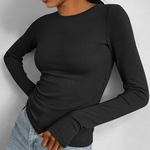 TYGHBN Women's Casual Crewneck Long Sleeve Solid Color Top T Shirt Gloves Finger Base Shirt Athletic Top Womens Long Sleeve Spandex T Shirt Womens Loose Fit Workout Shirts Workout Shirts Women Neck