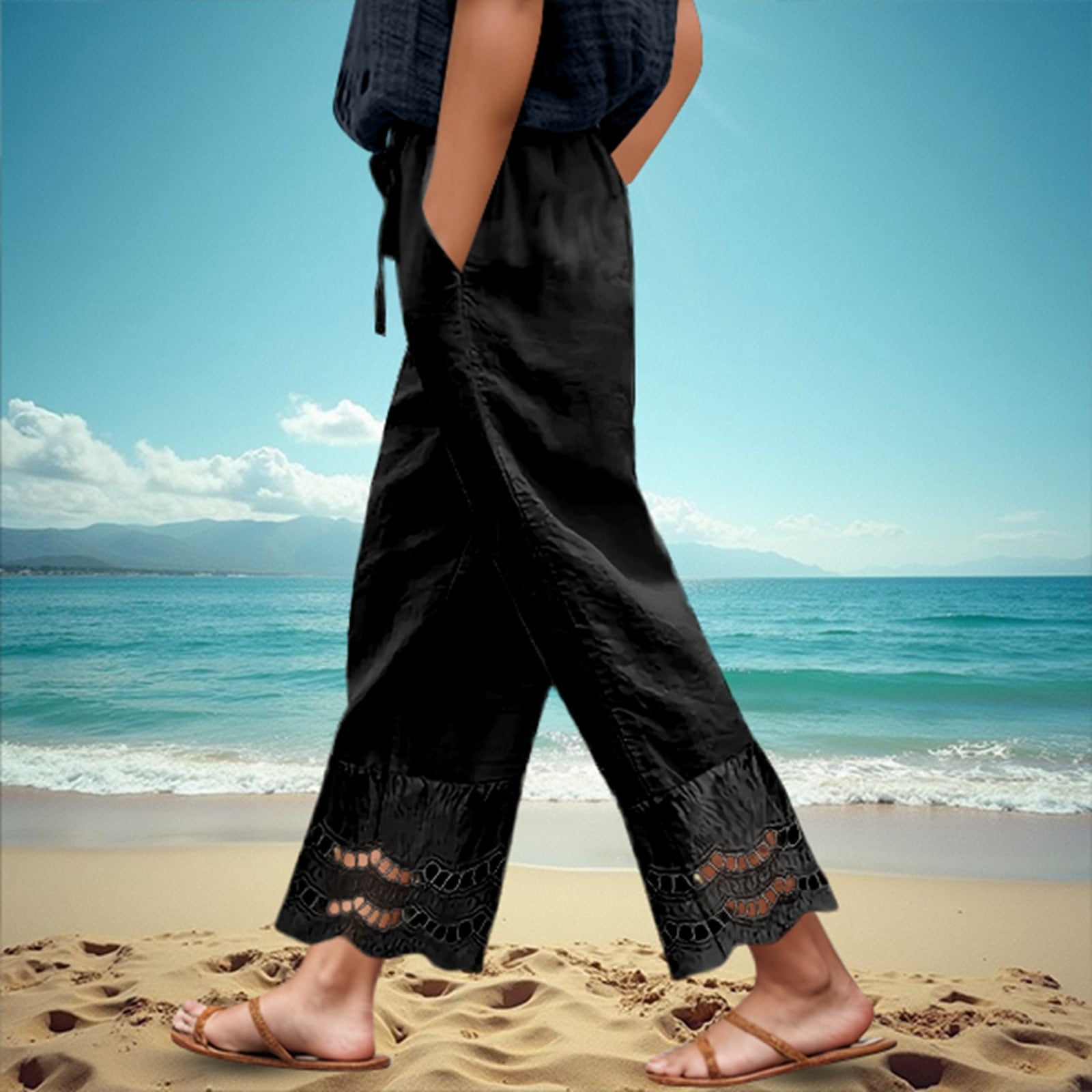 Simple But Not Simple Sequin Trim Back Elastic Waist Crop Loose Pants