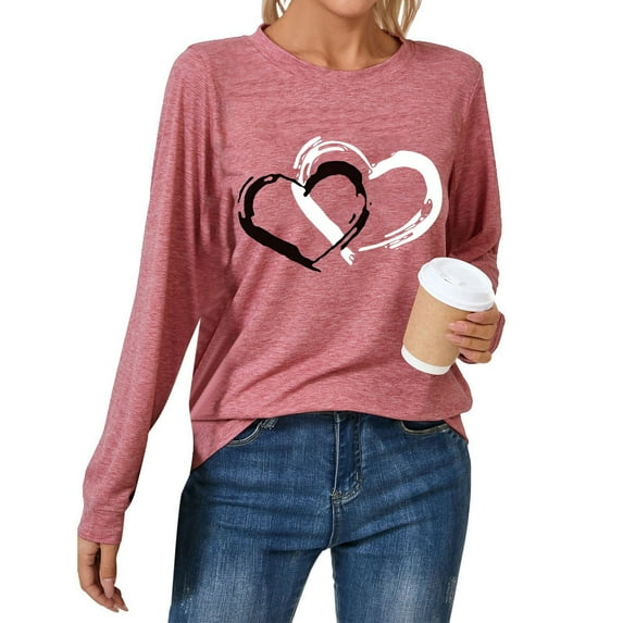 TYGHBN Women's Casual Fashion Round Neck Long Sleeve T Shirt for Valentine's Day Comfortable and Trendy Base Layer Top. Ideal for Everyday Wear. Long Sleeve Womens Shirts Summer Shirts for Women