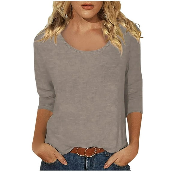 TYGHBN Women's Casual Solid Color Print Neck Low Cut 3/4 Sleeve T Shirt Top Synthetic Long Sleeve Shirt Women Long Sleeve Spandex Top Women's Shirts Summer Athletic Short Sleeve Tops for Women Woman