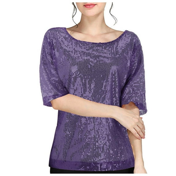 TYGHBN Women's Casual Solid Color Sequin Round Neck Short Sleeve T Shirt Top Long Women T Shirt Women Summer Top Clothes Hide Tummy Cute Workout T Shirts Jr Fall Fashion Big Shirt Athletic Shirts