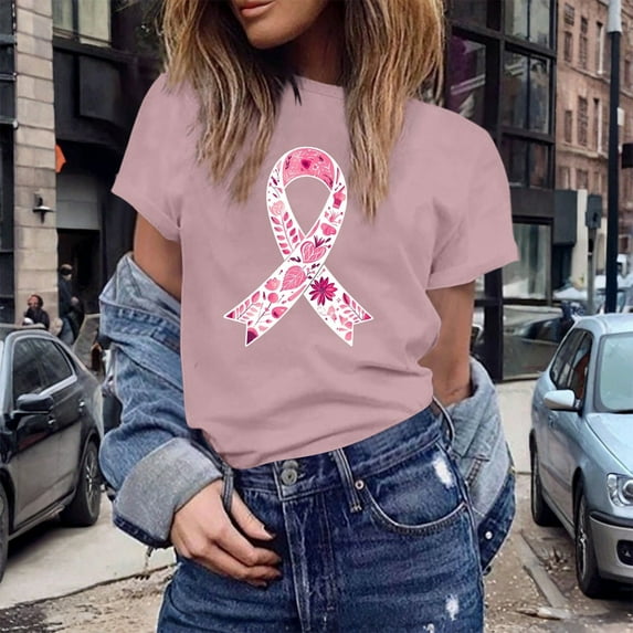TYGHBN Women's Casual T Shirts with Cancer Awareness Ribbon Print Short Sleeve Round Neck Basic Style for Everyday Wear Womens Athletic Tee Womens Turtleneck Shirts Long Sleeve Long Sleeve Comfort