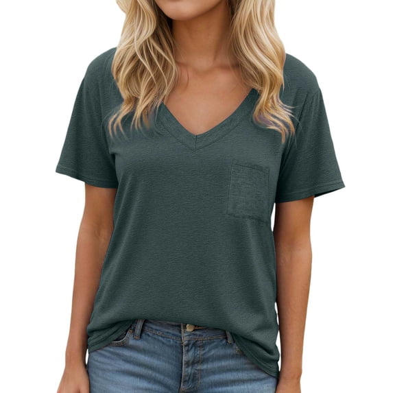 TYGHBN Women's Casual V Neck Pocket Tee Short Sleeve Basic Top for Everyday Wear In Spring and Summer Machine Washable Versatile Style for Pairing with Pants Long Sleeve Rayon Tops for Women Athletic