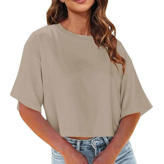TYGHBN Women's Crew Neck Cropped T Shirts Short Sleeve Loose Shoulder Crop Tee Tops Long Sleeve Fitted Shirt Women Women Shirt Polyester Spandex Women's Shirts Shirks for Women Womens Raglan Top