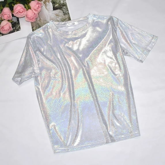 TYGHBN Women's Fashion Casual Thin Base Shirt Bright Silk Shiny Round Neck Short Sleeve Large Size T Shirt Top Women Sports T Shirt Striped Short Sleeve Striped Tee Women Workout Shirts Loose Womens