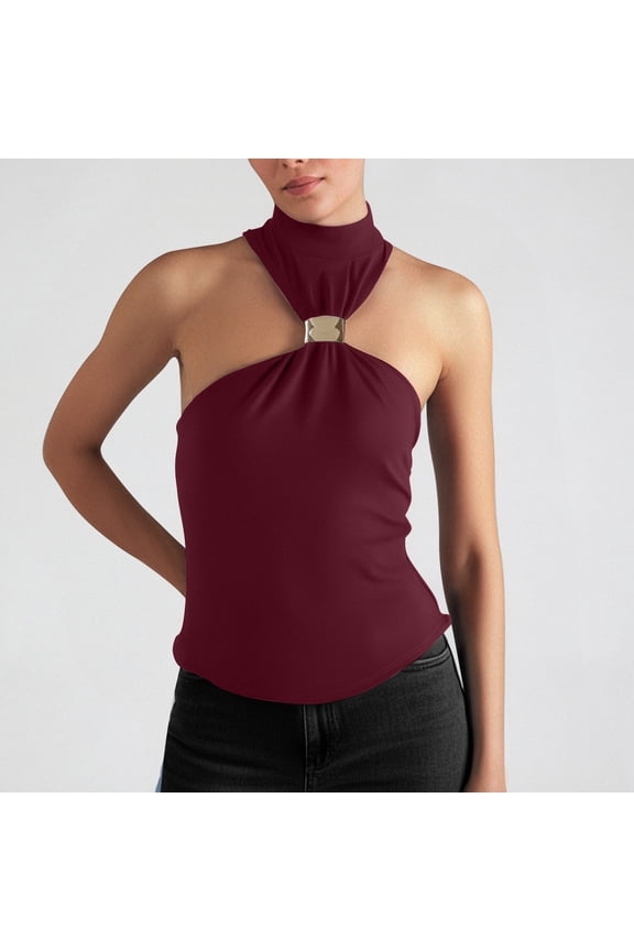 Women's Fashion Tops Casual Sleeveless High Neck Tank Top with Metal Ring Detail for Daily Wear Vacation Spring Summer Fall Sleep Camisole Camisole Women Stretch Bills Top Women Top Women