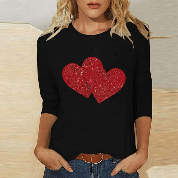 TYGHBN Women's Fashion Valentine's Day Printed Round Neck Three Quarter Sleeve Casual T Shirt Top Polyester Tees Women Short Sleeve Active Wear Womens Hiking Athletic Tops for Women Long Sleeve Tops