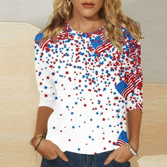 TYGHBN Women's Independence Day Print O Neck Three Quarter Sleeve T Shirt Top Striped Tee Women Women Loose Tops Summer Womens Athletic Clothes Womens Cold Gear Long Sleeve Women Top New Women Long
