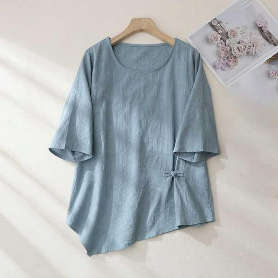 TYGHBN Women's Literary Loose Thin and Linen Disc Button Jacquard Short Sleeved T Shirt Top Womens Short Sleeved Athletic Tops Women Shirts Womens Shirts Casual Women Casual Short Sleeve Blank