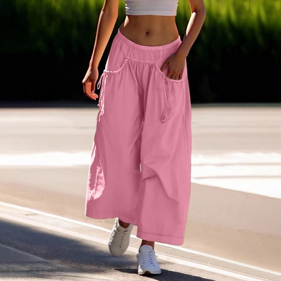 TYGHBN Women's Loose Wide Leg Track Pants Drawstring Pockets Elastic Waist Capri Hiking Pants Dress Pants for Women Business Casual with Pockets Came Sweatpants for Women Womens Pants with Pockets