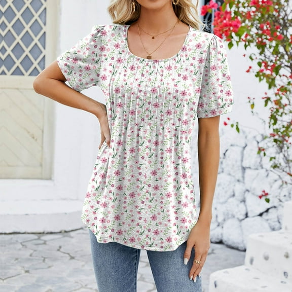 TYGHBN Women's New Round Neck Floral Solid Color Top Over Short Sleeve Loose T Shirt Women T Shirt Summer Short Sleeve Shirts for Women Blank Athletic Shirts Turtleneck Women Petite Neck Long Sleeve