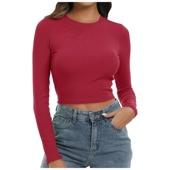 TYGHBN Women's Round Neck Long Sleeve Knit Ribbed Fitted Crop Top Casual Basic Shirts Women Compression Long Sleeve Shirt Spandex Long Sleeve Shirt Women's Tee Shirts Tech Apparel Women Long Sleeve
