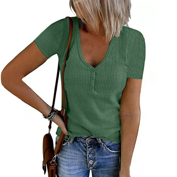 TYGHBN Women's Short Sleeve V Neck Ribbed Knit Button T Shirts Solid Color Summer Tops T Neck Tops for Women Woman Large Shirt Running Tops Summer Tee Shirts Women Small Long Sleeve Shirt Medium T