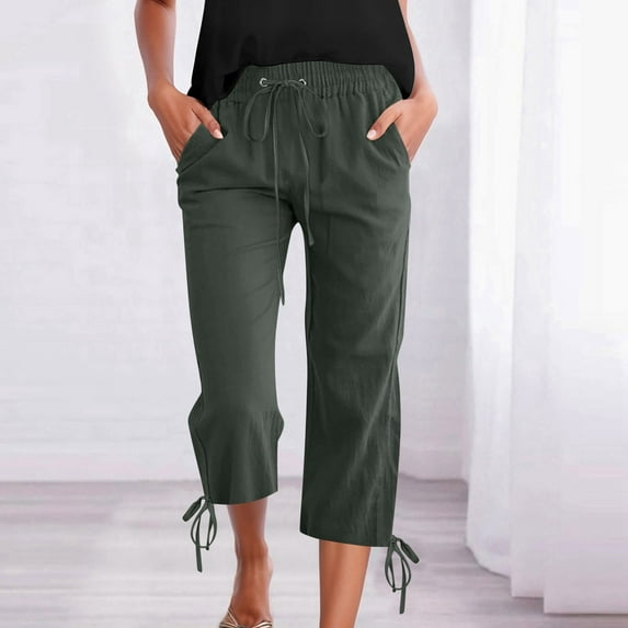 TYGHBN Women's Solid Color Drawstring Cropped Linen Pants Casual Capri TrousersTrousers Casual Linen Pants for Women plus Size Womens Pants Casual Summer Women Jogging Pants Pant Romper for Women