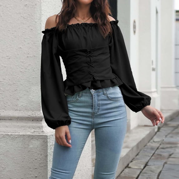TYGHBN Women's Solid Color Front Tie Sleeve Off Shoulder Waist Short Chiffon Top Long Sleeve Blouse Womens Neutral Blouse Tan Blouse Women Dressy Linen Blouses Women Linen Female Shirt Long Satin
