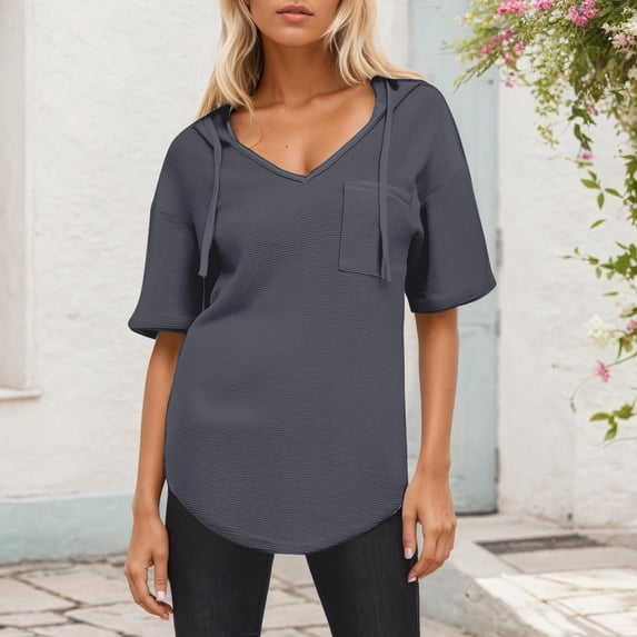 TYGHBN Women's Solid Color Knit Short Sleeve Hooded Sweatshirt with Drawstring and V Neck Jr Fall Fashion Women Shirts Short Sleeve Casual Women Shirt Polyester Spandex Womens Too Ling Sleeve Shirt