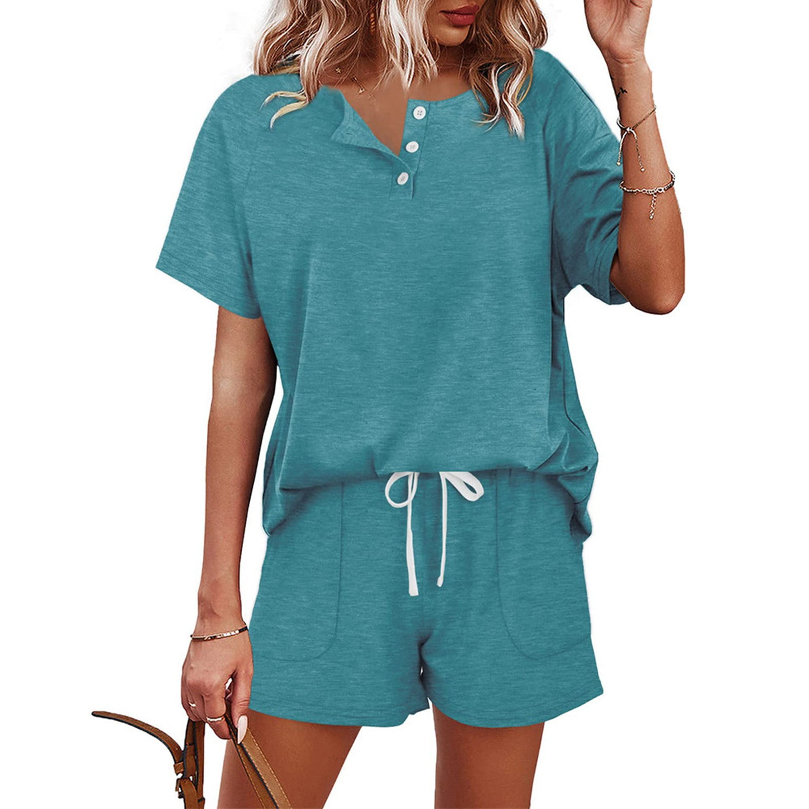 TYGHBN Women's Solid Color Short Sleeved Shorts Casual Set Button