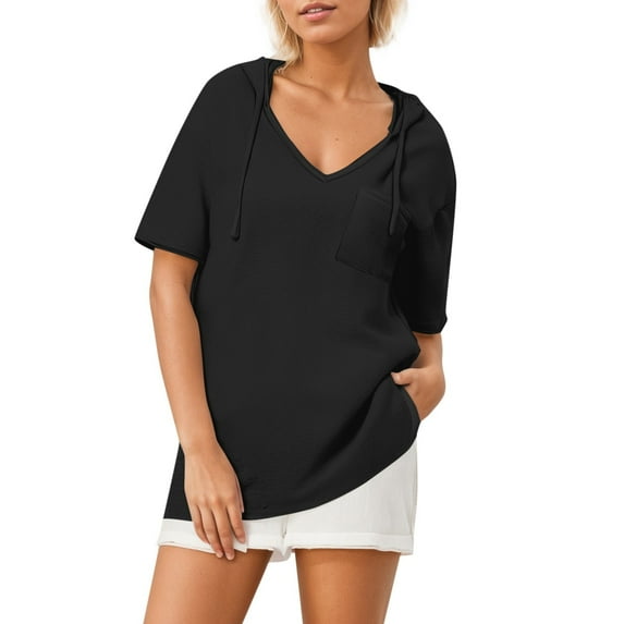 TYGHBN Women's Solid Color Summer Knit Short Sleeve Hooded Sweatshirt with Drawstring Casual V Neck Women Short Sleeve Active Wear Athletic Top Long Women T Shirt Womens Lightweight Long Sleeve Shirt