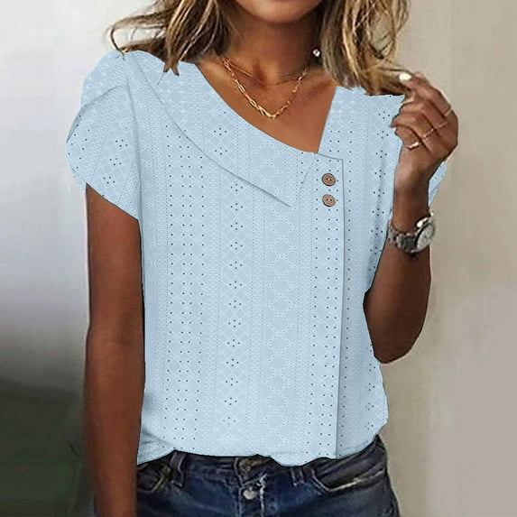 TYGHBN Women's Solid Color V Neck Button Flower Sleeve Short Sleeve T Shirt Top Womens Short Sleeve Tops Loose Fit Football Shirt Women Womens T Shirts Multiple Pack Womens Compression Shirt Blank